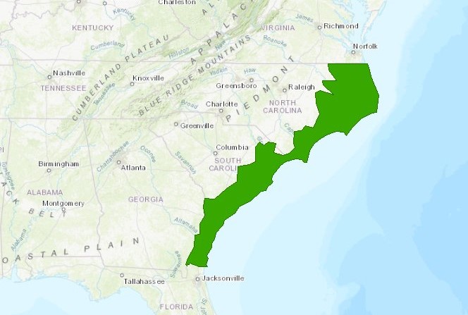 Map of the eastern U.S. highlighting the coastal area from North Carolina to Georgia.